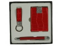 Красный кожаный подарочный набор: ручка, визитница, брелок, 16*16*3см