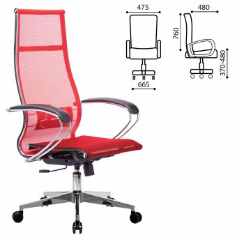 Кресло офисное МЕТТА "К-7" хром, прочная сетка, сиденье и спинка регулируемые, красное