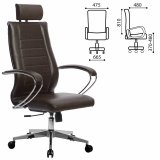 Кресло офисное МЕТТА "К-33" хром, рецик. кожа, подголовник, сиденье и спинка мягкие, темно-коричневое